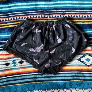 Black Bat Print Shorts with Lace Trim